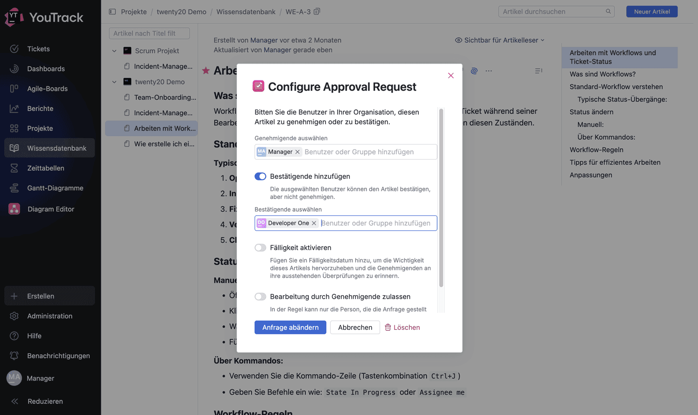 Capture d'écran de l'application YouTrack Article Approval