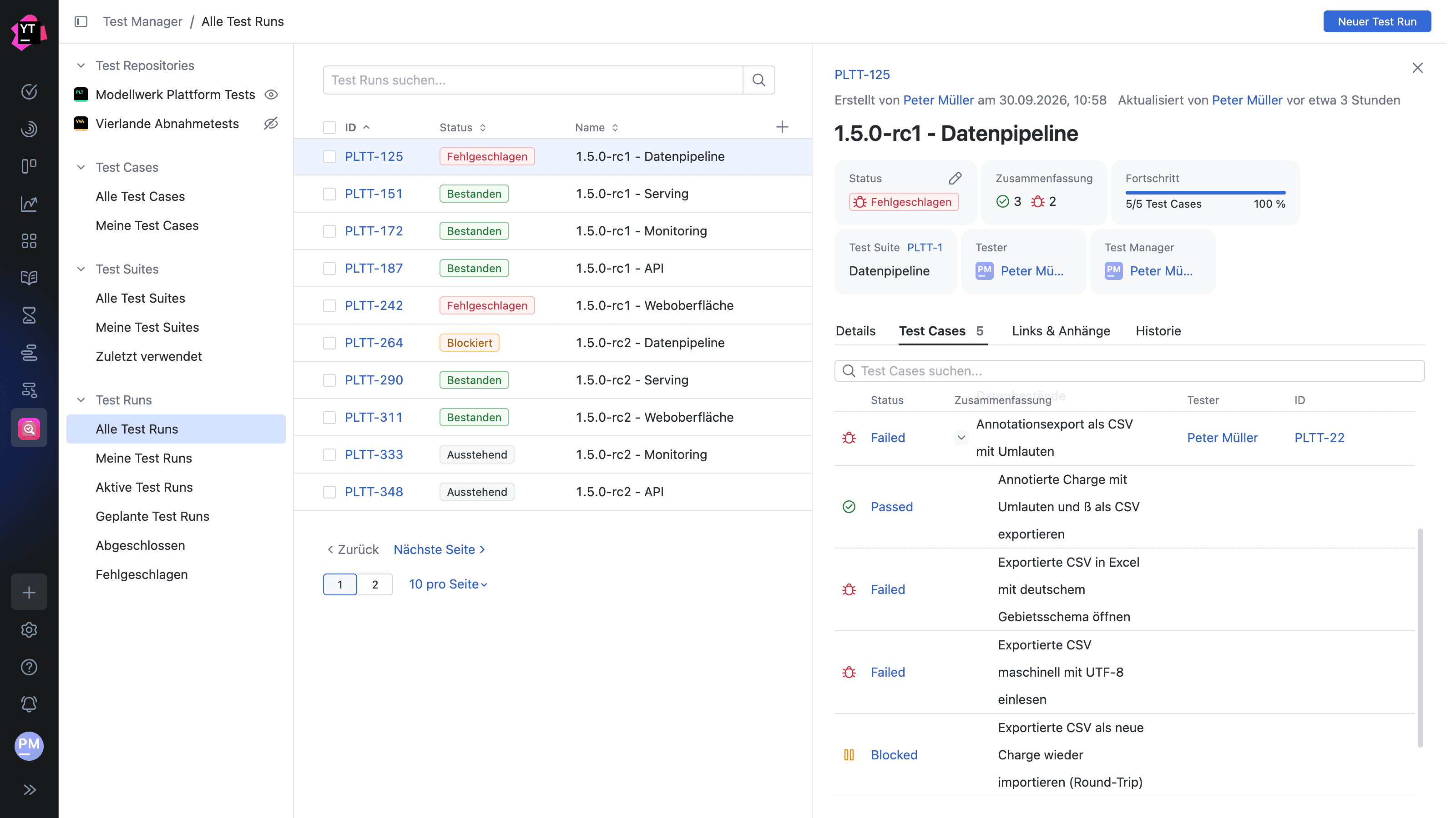 Capture d'écran des exécutions de test dans YouTrack Test Manager
